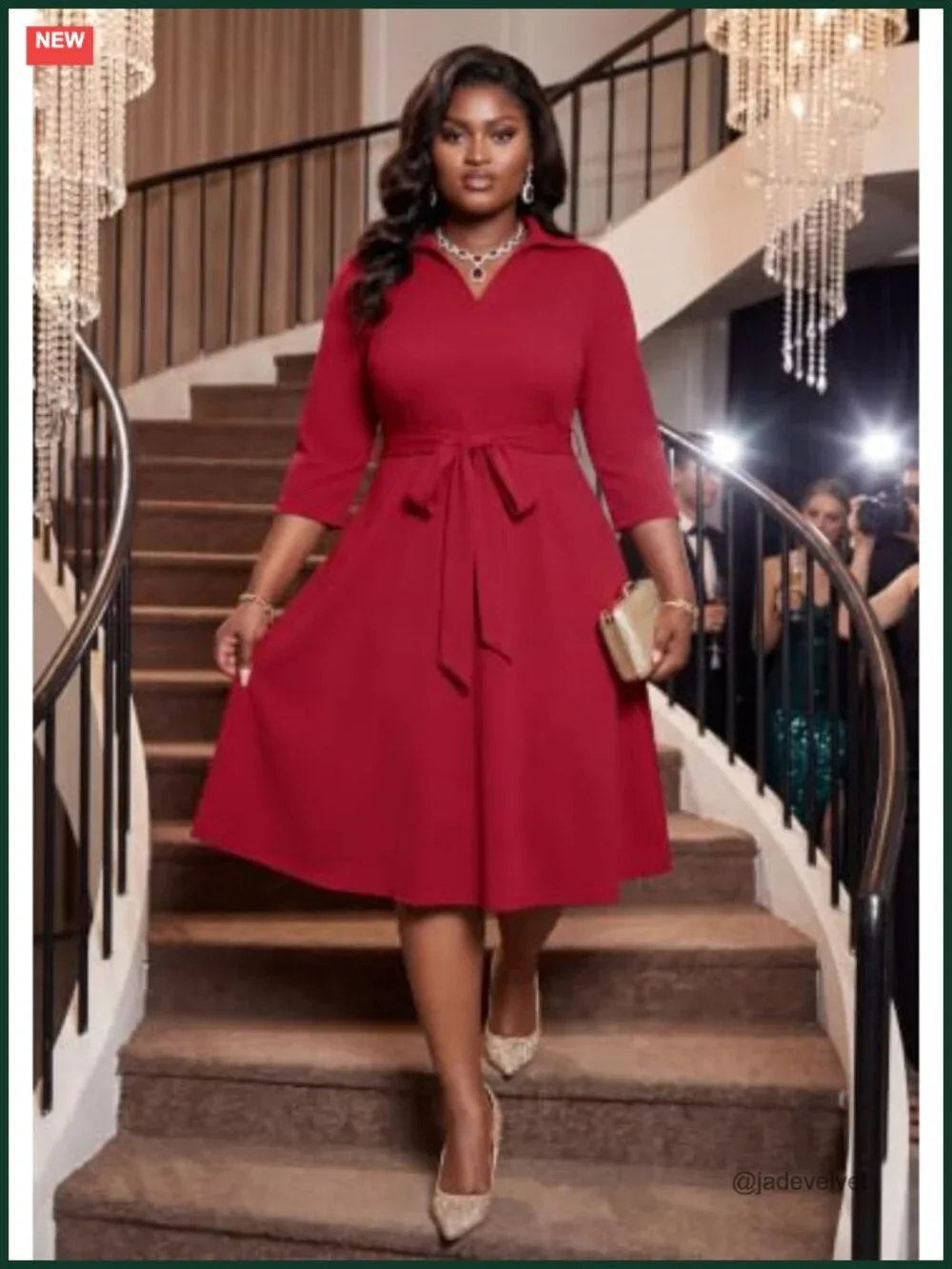 Plus Size A-Line Midi Dress with Pockets and Belt, 3/4 Flutter Sleeve